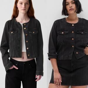 Gap Black Cropped Denim Jacket Collarless Button Front XL